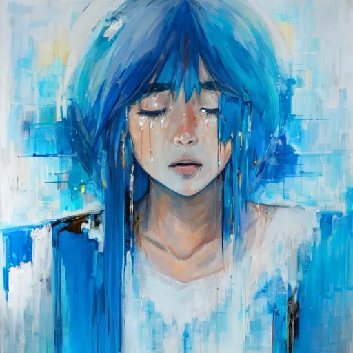 Prompt: Woman awestruck crying abstract blue 