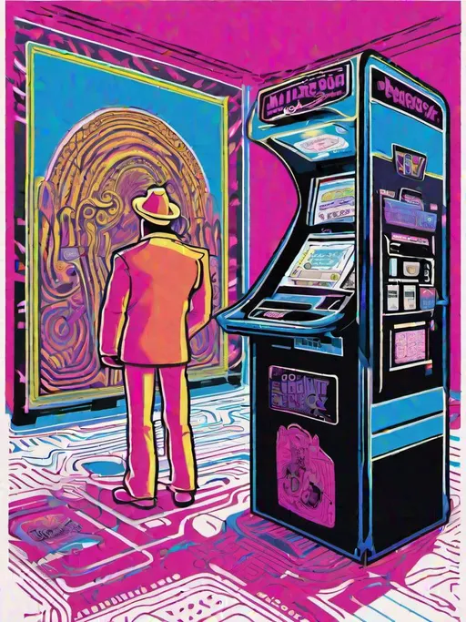 Prompt: illustration of an American labyrinth, self-checkout kiosks between passages, the roaming minotaur is wearing a ticket collector/police uniform in the style of a psychedelic black and white blacklight poster 