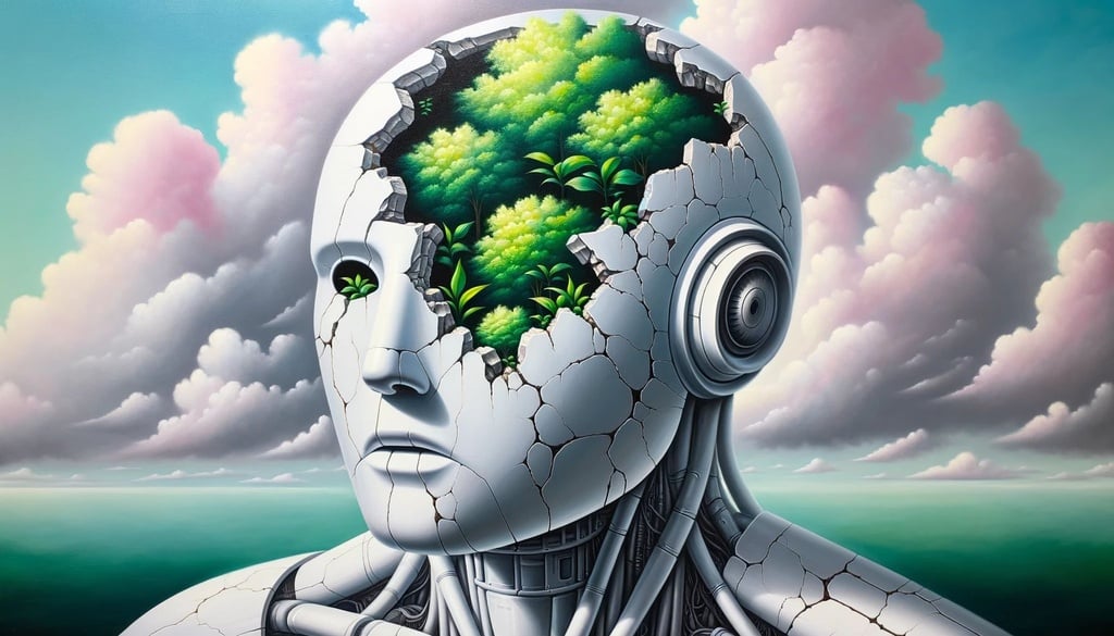 Prompt: Oil painting illustrating a scene of a white metallic robot head. The robot's head has visible cracks, and from these openings, lush green plants emerge. The entire setting has a pop surrealistic touch, with a dreamy, otherworldly backdrop.