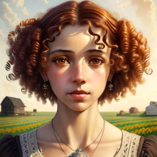 Prompt: An ethereal highly detailed painting of a very beautiful very poor 1920's migrant worker woman, tattered clothes, perfect complexion, gorgeous clean face,
curly auburn hair, award-winning,  Cinematic fantasy atmosphere, farm field, hot sun, cgi, artgerm