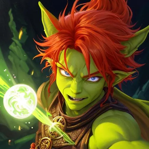 Prompt: oil painting, D&D fantasy, green-skinned-goblin man, green-skinned-male, small, short fiery red hair, wavy hair, crazy look, pointed ears, fangs, looking at the viewer, cleric wearing intricate adventurer outfit, #3238, UHD, hd , 8k eyes, detailed face, big anime dreamy eyes, 8k eyes, intricate details, insanely detailed, masterpiece, cinematic lighting, 8k, complementary colors, golden ratio, octane render, volumetric lighting, unreal 5, artwork, concept art, cover, top model, light on hair colorful glamourous hyperdetailed medieval city background, intricate hyperdetailed breathtaking colorful glamorous scenic view landscape, ultra-fine details, hyper-focused, deep colors, dramatic lighting, ambient lighting god rays, flowers, garden | by sakimi chan, artgerm, wlop, pixiv, tumblr, instagram, deviantart