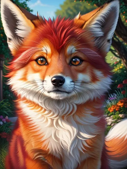 Prompt: remove text, remove tail, (8k, masterpiece, oil painting, professional, UHD character, UHD background) Portrait of Vixey, Fox and Hound, close up, mid close up, brilliant glistening red fur, brilliant amber eyes, big sharp 8k eyes, sweetly peacefully smiling, detailed smiling face, extremely beautiful, alert, curious, surprised, cute fangs, enchanted garden, vibrant flowers, vivid colors, lively colors, vibrant, high saturation colors, open mouth, uv face, uwu face, flower wreath, detailed smiling face, highly detailed fur, highly detailed eyes, highly detailed defined face, highly detailed defined furry legs, highly detailed background, full body focus, UHD, HDR, highly detailed, golden ratio, perfect composition, symmetric, 64k, Kentaro Miura, Yuino Chiri, intricate detail, intricately detailed face, intricate facial detail, highly detailed fur, intricately detailed mouth