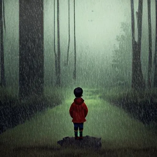 Prompt: Creepy kid in the middle of a forest in the rain and the kid is looking into the sky and there's a creepy figure in the sky staring at the little kid.