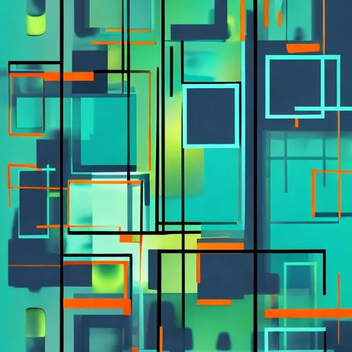 Prompt: abstract rectangles and circles, transparent, neon orange and dark blue, with aqua

