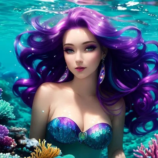 Prompt: a beautiful mermaid with pale skin and purple hair is swimming under the sea,  4k, rainbow colors, facial closeup



