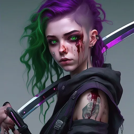 Prompt: An insanely beautiful girl around 16 years old. punk clothes. perfect anatomy, symmetrically perfect face. perfect green eyes. beautiful purple wavy hair. no extra limbs or hands or fingers or legs or arms. covered in blood. cyberpunk looking. holding a katana.