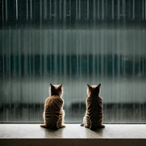 Prompt: striped Cats sitting watching rain

