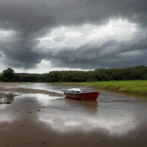 Prompt: a small boat sitting at the water's edge of a river with storm clouds in the distance