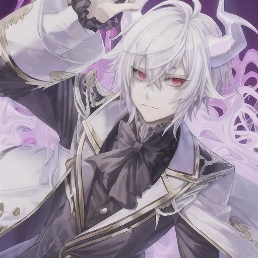 Prompt: anime boy demon white hair perfect 2d horns suit