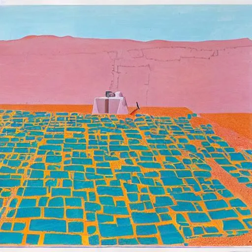 Prompt: Slab city, desert, still life, David Hockney drawing, large areas of white 