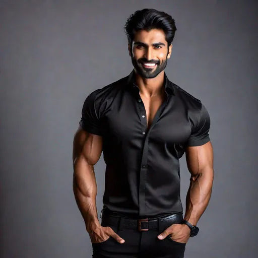 Prompt: Professional full-body photoshoot of a gorgeous, muscular, male Pakistani model, wearing a short-sleeve button-up shirt and black jeans, flexing his biceps, hyperdetailed {symmetrical eyes}, {defined shredded musculature, broad shoulders}, {sultry romantic}, smile,  center frame, studio light, intricate detail, best quality, uhd, 8k, symmetry  