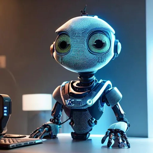 Prompt: A friendly-looking humanoid robot sitting at a modern workspace, its face displaying emotive LED expressions instead of text. Medium: Animated 3D Rendering. Style: Futuristic yet approachable, drawing inspiration from animated movies like "Wall-E" or "Big Hero 6". Lighting: Soft, ambient lighting to highlight the robot's metallic and plastic textures. Colors: Warm sun colors, accented with pops of friendly red and green. Composition: Rendered in a 3D software like Blender or Maya, with a focus on high-resolution textures and realistic movements. --ar 16:9 --v 5.1 --style raw --q 2 --s 750