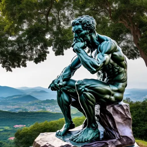 Prompt: The Thinker statue by Auguste Rodin on top of a mountain reading a book and gazing on a village in the distance