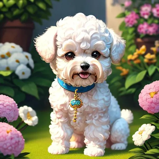 Prompt: Highly realistic of Bichon Havanais dog,cute,pretty eyes,Adorable,happy,playing,masterpiece,epic,soft lighting,fancy,highly detailed,Sharp focus,garden,full of flowers and plants,riches,blue sky,cloudy,ultra-fine detailed,aesthetic,ilustration,artstation