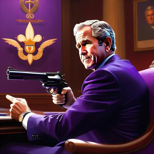 Prompt: George W Bush in Saints Row, guns, cartoony, purple atmosphere, extremely detailed painting by Greg Rutkowski and by Henry Justice Ford and by Steve Henderson