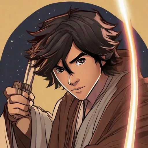 Prompt: Hiro hamada from big hero six as jedi knight. Allen Nunis art. Star wars art. Star wars. 2d. 2d art. Well draw face. Detailed. Dynamic pose. 