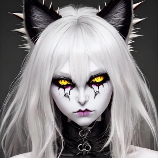 Prompt: demon girl, black sclera, yellow cat eyes, big gray lynx ears, big wide blonde spiky fluffy hair, pale skin, sharp jaw, hyperrealistic eyes, hyperrealistic nose, hyperrealistic lips, ethereal, divine, evil