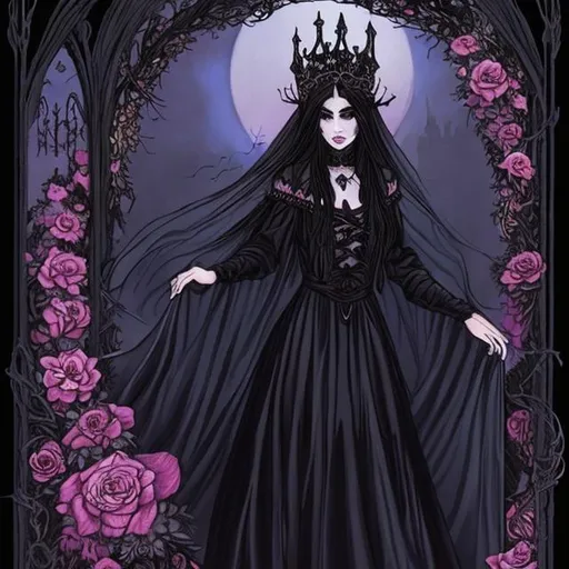 Prompt: beautiful shadow princess in long dress in the night, wearing a crown of flowers, Gothic, style of Larry Elmore