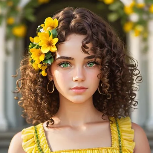 Prompt: A girl with curly brown hair ,green eyes, wearing yellow, yellow flower in her hair, facial closeup