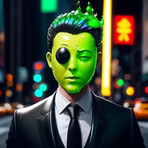 Prompt: a green drippy oozing slime humanoid in a black buisness suit, slime head exploding, on the streets of new york,Digital style painting,style of Pixar, Fragonard, highly-detailed, cinematic, washed out palette,light trails,iridescent, arms visible, perfect composition, hyperrealistic, super detailed, 8k, high quality, sharp focus, intricate details, highly detailed, dynamic lighting, detailed and intricate environment, highest quality