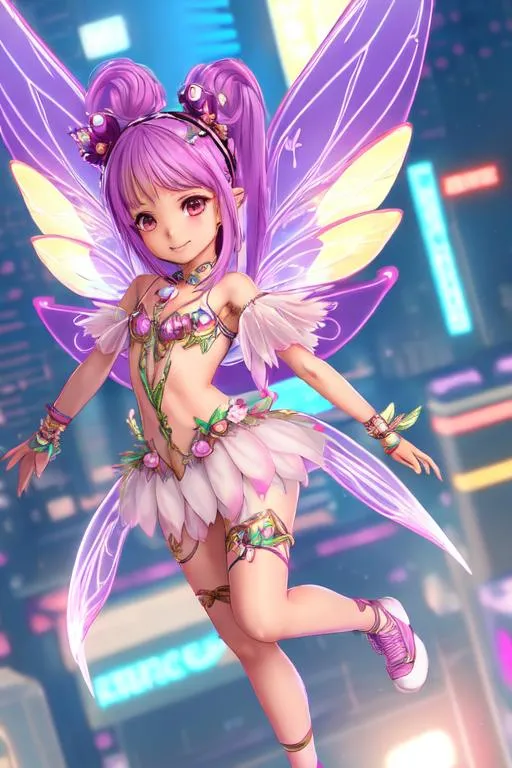 Prompt: 2D illustration full body front view shot, cinematic shot,

fairy Loli, small stature, tiny, happy, energetic, flying in the cyberpunk city, wearing fantasy forest fairy garb, fairy wings, long hair, ultra detailed garb, detailed face, detailed eyes, detailed mouth and lip, ultra detailed intricate cyberpunk city background, 

((2D illustration, 2D vector art, 2D digital painting, 2D flat color, 2D art, contrast, detailed pencil stroke, detailed brush stroke)),

(((neon light reflection, detailed light reflection, city light reflection, ultra detailed reflection, head light reflection))),

cinematic lighting, studio lighting, dynamic lighting, neon light, volumetric lighting,

masterpiece, professional work, 