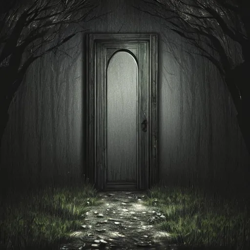 Prompt: A door standing alone in a dark forest