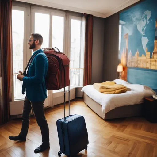 Prompt: Un touriste avec une valise qui rend sa carte de chambre dans le lobby.