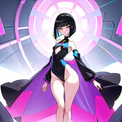 Prompt: a lonely AI girl, very tall, thick thighs, wide hips, long legs, slender arms, slender waist, big beautiful symmetrical eyes, intriguingly beautiful face, aloof expression, bob haircut with bangs, wearing Hypercutesy Pastel Post-Gender fashion clothes, high fashion, 12K resolution, hyper quality, hyper-detailed, hyper-realistic, hyper-professional