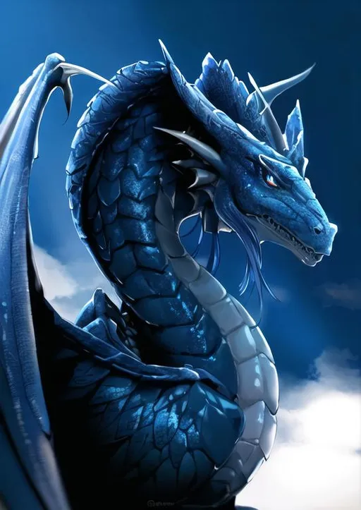 Prompt: oil painting, UHD, hd , 8k, panned out view, full character in view, very detailed, graceful royal blue dragon, she is thin with large wings, she is a muscular dragon, her horns are silver, smoke billows softly from her nostrils, her deep blue eyes stare at you, her scales are perfectly shaped, she is in a green forest.