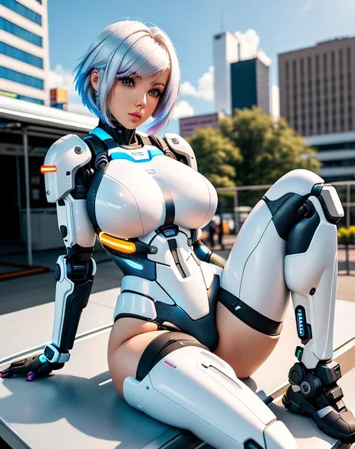Prompt: {28 years old}, thick fit amazonian Ukranian female cybernetic android with {white cybernetic limbs}, sitting on steel bench in Cyberprep market, {COLOSALLY BREASTED}, {short vivid platinum hair}, looking at the viewer, {wearing Cyberprep dress}, UHD, hd, detailed face, 8k eyes, {large blue eyes}, wide mouth, {thick feminine lips}, feminine jaw, {greek nose}, high cheekbones, gaunt cheeks, long eyelashes, , {extremely broad hips}, thick thighs, {MASSIVE BUTTOCKS}, intricate details, insanely detailed, {hyper detailed eyes}, masterpiece, cinematic lighting, 8k, complementary colors, octane render, volumetric lighting, unreal 5, artwork, concept art, cover, top model, light on hair, glamourous hyperdetailed cyberpunk background, ultra-fine details, hyper-focused, deep colors, dramatic lighting | by sakimi chan, artgerm, wlop, pixiv, tumblr, instagram, deviantart