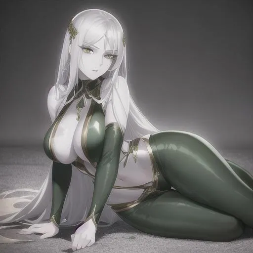 Prompt: young woman, slim, beautiful, silver hair, emerald eyes, pale skin, silver jewelry, lying in pit with silver snakes, emeralds, full body