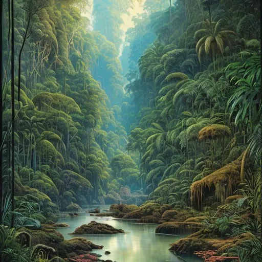 Prompt: Landscape painting, lush and dark jungle, a wide slow river with rocky bed, dull colors, danger, fantasy art, by Hiro Isono, by Luigi Spano, by John Stephens