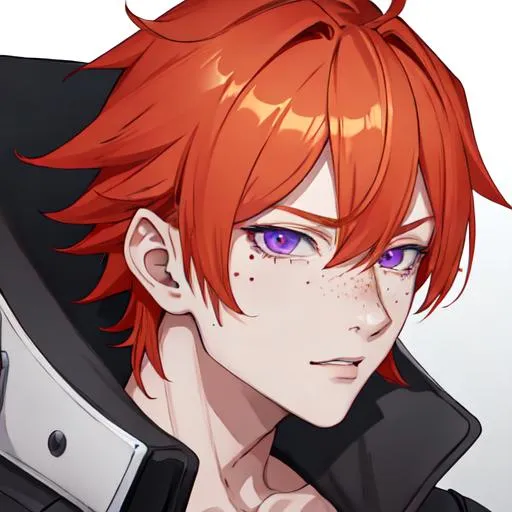 Prompt: Erikku male adult (short ginger hair, freckles, right eye blue left eye purple) UHD, 8K, Highly detailed, insane detail, best quality, high quality,  anime style, biker 