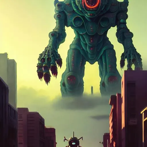 Prompt: Monstrously horrid rigid, giant kaiju mecha, structured, huge eyes,  big friendly grin, standing on a busy city street, 8k render, HDR, dramatic colors , unreal engine, greg rutkowski, loish, rhads, beeple, makoto shinkai and lois van baarle, ilya kuvshinov, rossdraws, tom bagshaw, alphonse mucha, global illumination, detailed and intricate environment"
