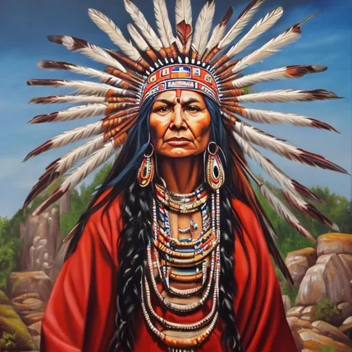 Prompt: An oil painting of the goddess of the universe In traditional Native American cloths 
