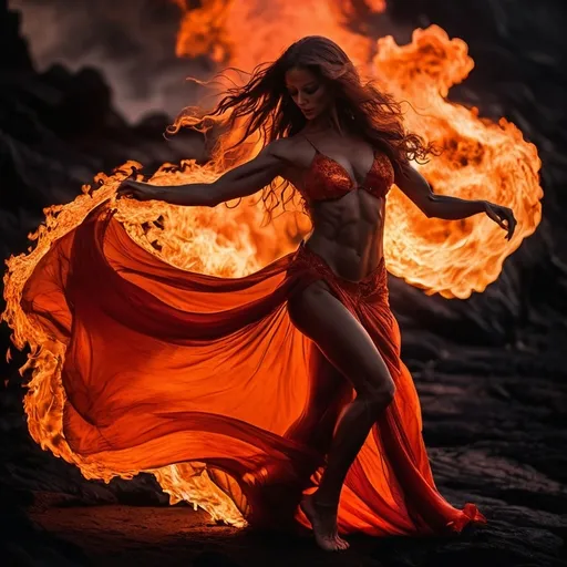 Prompt: very muscular dancing female, dancing on fire, silhouette, lava, long flowing fire gown, huge busom, long wavy fiery hair, long muscular legs, very muscular dancing female, mystical background, 