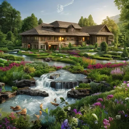 Prompt: Nature Background with greenery, Flowing Water in Somewhere, A Beautiful Farm House in the Center, Highly Detailed, Hyper Realistic, Highest Resolution, 8K