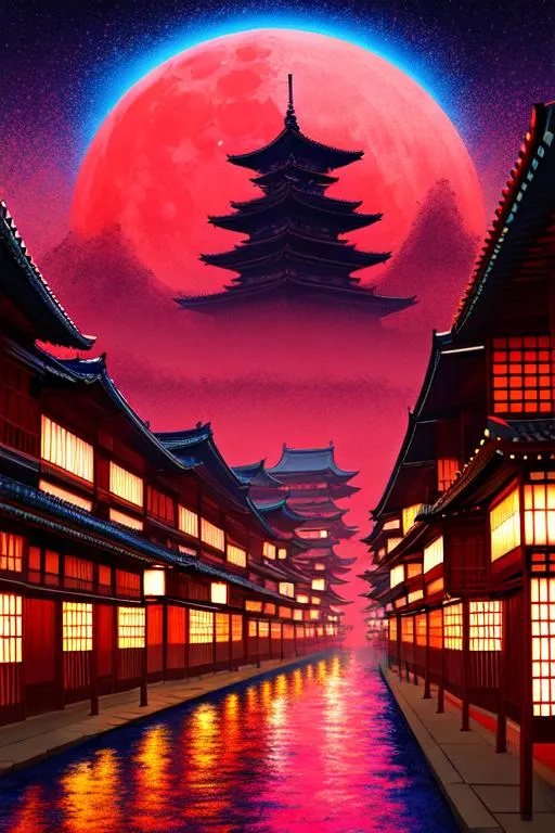 Prompt: colorful contrast ink painting,

hyperdetailed intricate medieval japan city, red moon, red sky

hyperdetailed intricate ink japanese-character-shape floating in the air,

windy, cinematic lighting, neon light,

album cover art, 128K resolution, masterfully crafted, 

hyperdetailed 2D vector concept art picture, vector, illustration, character concept, 2D fantasy concept art style, heroic fantasy art,

Greg Rutkowski, Huang Guangjian, CGSociety, ZBrush Central, Victo Ngai,