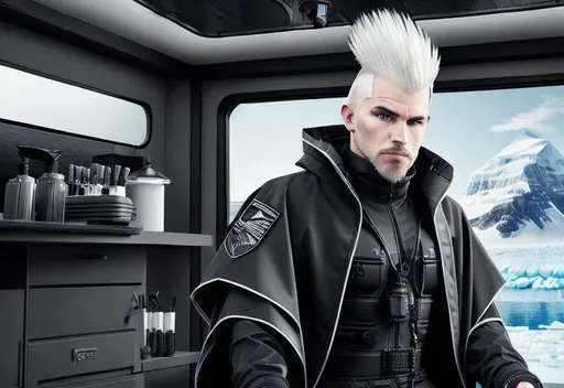 Prompt: JAXER KAZE : White hair , comb down backward mohawk ,  male in black tactical teachwear rubber uniform poncho coat, highly detailed, digital , concept art, sharp focus, UHD , in a futuristic hovrring ATV motorhome , in Antarctica