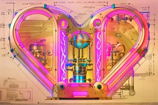 Prompt: Heart shaped chamber and chassis, perfect symmetry, two hollow square rails that loop from the center back to the center at the bottom. mechanical blueprint, electric blue plasma in chambers, By Matthew S Roberts