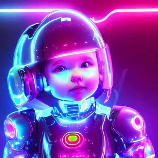 Prompt: little girl, fullbody w a full transparent helmet robotically glowing in a lights room w big eyes, neon lighting, deep colors, accurate anatomy, ultra-fine details.