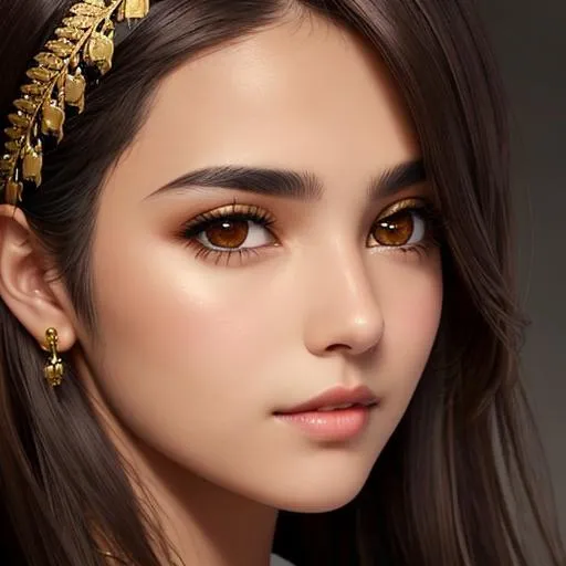 Prompt: Beautiful girl, dark brown hair, dark brown eyes, gold adornment in hair, facial closeup