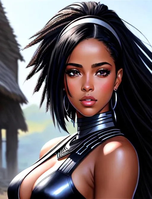 Prompt:  Aaliyah Dana Haughton, black eye visor, black hair, brown eyes, in tribal village, stabding next to Naomi Scott, ethereal, black mech armor, jewelry set balayage, wild hair, royal vibe, highly detailed, digital painting, Trending on artstation , HD quality, tan skin,artgerm,  by Ilya Kuvshinov 