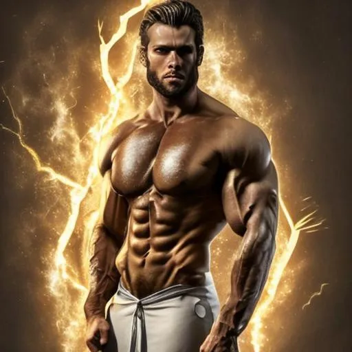 muscle greek god, strong warrior, golden hair, golde...