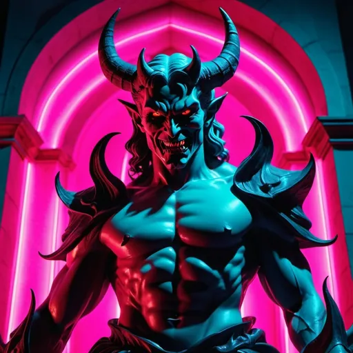 Prompt: demon, hell, demonic, gothic, vaporwave, retro, neon, aesthetic, liminal, high quality, high definition, beautiful, dramatic lighting