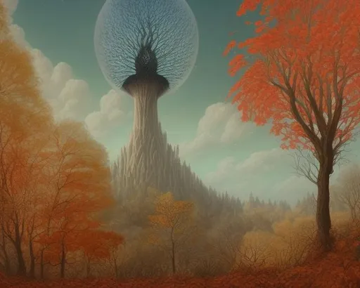 Prompt: ART DECO AUTUMN TREES, falling leaves, birds, hills, wind, clouds, castle, AURIKA PILIPONIENE IRA KENNEDY MARCI MCDONALD HOLAKANOLA MARIA SERAFINA DEBBIE CRISWELL victo ngai henri rousseau vladimir kush Arief Putra Anita Inverarity Alenka Sottler Itzchak Tarkay remedios varo