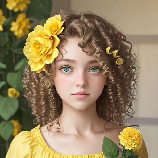 Prompt: A girl curly hair ,green eyes,wearing yellow, large yellow flower in hair