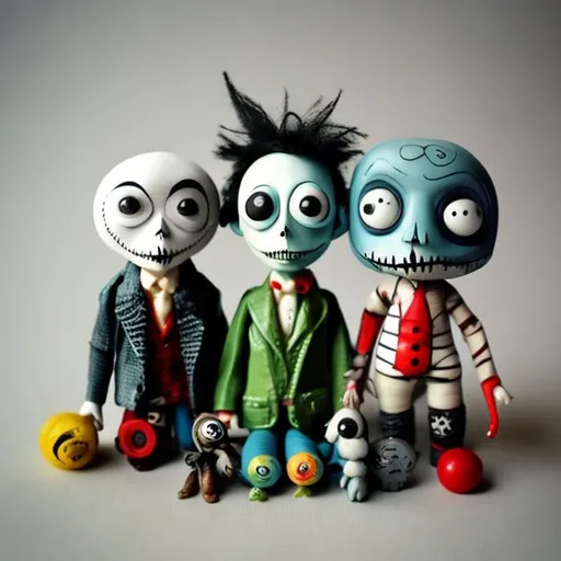 Prompt: Vintage toys in the style of Tim Burton 