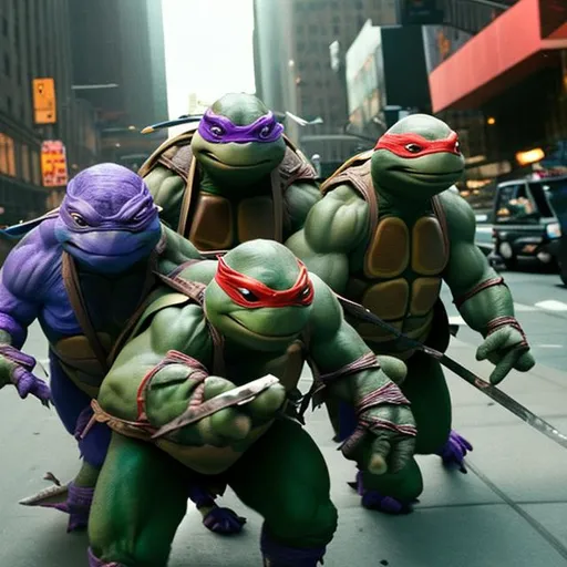 Prompt: Ninja turtles in new York fighting the shredder 