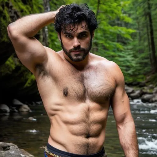 Prompt: full body of handsome warrior alert hunk cute boy with black hair and with rugged (sideways face) , edge of cliff, night, reflection, very hairy chest and armpits, magical forest, dense river, dhot, arena, perfect composition, hyperrealistic, super detailed, 8k, high quality, trending art, trending on artstation, sharp focus, studio photo, intricate details, highly detailed, by greg rutkowski
